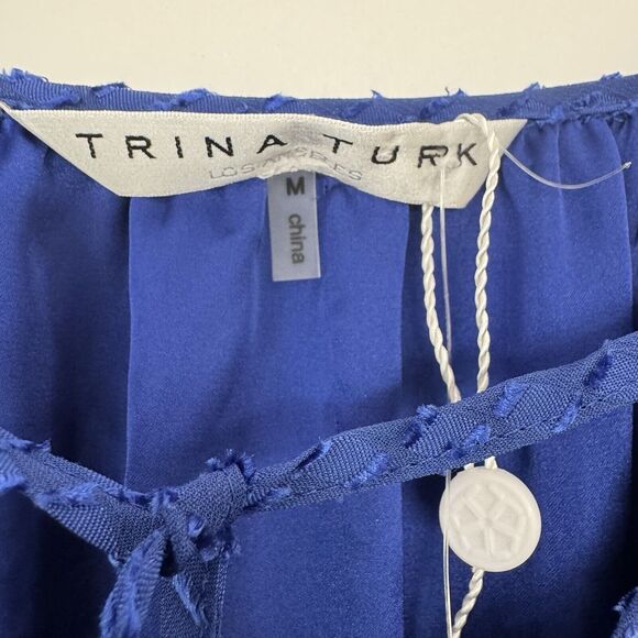Trina Turk Viti Blue Mini Dress Peasant Boho Tiered Tassel Ruffle Medium New - Picture 9 of 15